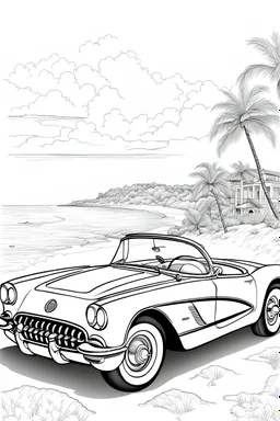 outline art for an adults coloring page, 1956 Corvette Convertible by the Beach , white background,detailed sketch style,no color , only use outline, clean art , white background, no shadows and clear well outlined,