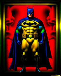 Portriat of the Batman, Fernando Botero style, digital art, red, black and yellow colors, hiperdetallado, full body