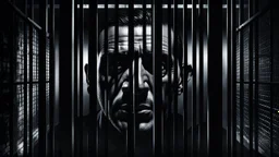 close up parallel prison bars in foreground, hidden human face partially visible through the window bars, dark prison cell behind him, vertical shadows in background, ultra realistic, dark atmosphere, high contrasts, cinematic