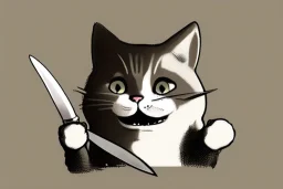 Cat smiling with a bloody knife. Illustration.