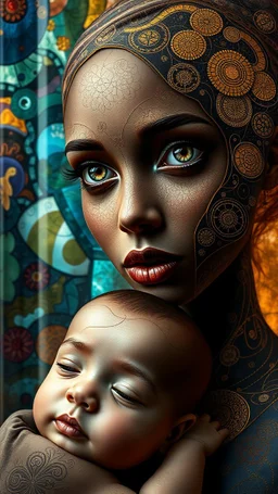 A digital artwork of women open her beautiful eyes with her baby adorned with intricate patterns and designs. The figure's face is covered in swirling lines, circles, and other abstract patterns in hues of mocha, navy and gold.The background is a colorful glass , with abstract patterns that complement the figure's design. The overall ambiance of the image is dreamy and surreal.