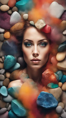 a half body portrait of a woman as made of stones of different colors, half body submerged in stones, hair made with stones, natural body posture, Art by Alberto Seveso, symmetrical, abstract artstyle, intricate complex watercolor painting, sharp eyes, digital painting, color explosion, concept art, volumetric lighting,TanvirTamim, metallic reflections, 2d render, by artgem, trending on artstation, UHD, HDR raw photo, realistic, sharp focus, 8K high definition, insanely detailed, intricate