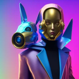 Front portrait, woman with rabbit mask, cyberpunk, latex suit, gold pink and blue style, photo studio, vibrant color, highly detailed, concept art, smooth, unreal engine 5, god rays, ray tracing, RTX, lumen lighting, ultra detail, volumetric lighting.