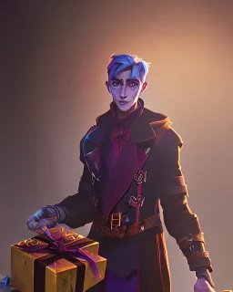 A warlock boy unwrapping Christmas gifts in the middle of the night