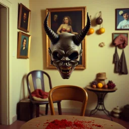 Flash photo of a room, 1980 horror movieshot, with chair, table, odd objects in background, ugly and scary mask, odd paintings hanging in the walls, rotten fruits, pair of glasses, horns, skin