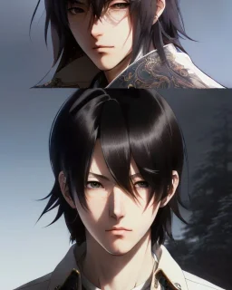 Detailed sad male anime boy with long brown hair, intricate details, full body portrait, keep head in frame, slight, black Japanese motif, concept art, highly detailed, digital painting, concept art, sharp focus, illustration, art by Yoji Shinkawa, WLOP and greg rutkowski and alphonse mucha and artgerm and yanjun Chen and Junji ito and Makoto Shinkai, HDR, octane render