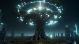 the last tree, city of the future year 4222, portal to space, very realistic, 4K