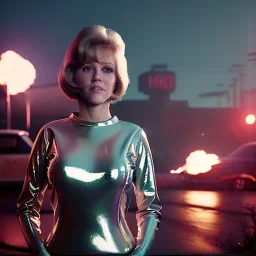 Ultra Realistic retro sci-fi press supermarket image from 1960, many explosions, sweet young Jane Fonda, tight latex suit, weapon, fighting stance, soft color, highly detailed, unreal engine 5, ray tracing, RTX, lumen lighting, ultra detail, volumetric lighting, 3d, finely drawn, high definition, high resolution.