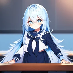 Clear focus, High resolution, long fluffy light blue hair, hair between eyes, long locks, wearing a sailor uniform, wearing a sailor skirt, long black socks, 1girl, cartoon, cute, UNFOTABLE studio