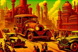 Cars and vehicles, steampunk sci-fi City, Chromolithography, weird, cinematic, psychedelic tableaux art, extremely detailed, high resolution, creative