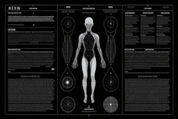 Minimalist infographic about human being, alien-made, extraterrestrial design, clear and legible text, text-heavy, black grainy background, big text, strange glyphs, high quality, minimalist, alien design, clear and legible, infographic with extraterrestrial layout, detailed text, minimalist design, professional