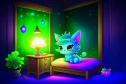 bioluminescent chibi cat fairy in a bedroom in starshine, mist