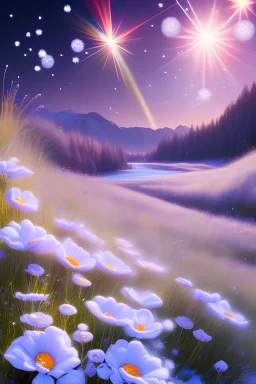 hedjuk, meadow with snow flowers and grat river shiny particles, cristal rock ,bright, ice background, shooting star, flying saucer
