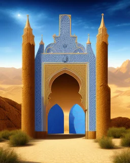 A gothic_arab gate in a blue tiled wall with a view of a desert landscape