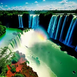 Iguazu Falls, Argentina and Brazil,aerial view,cloudy,extremely detailed digital painting, high resolution,8k, realistic, beautiful, volumetric lighting, mystical colors ,perfectly centered image, perfect composition, rim light, beautiful lighting,masterpiece, stunning scene, raytracing, anatomically correct, in the style Van Gogh and robert e howard and Ken Kelley and Ohrai Noriyoshi and Simon Bisley and tomzj1.