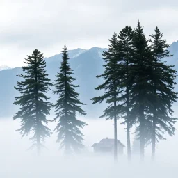 A photo of a group of fir trees and high mountains in the distance. A lake. House. Odd dark person. Fog is present.