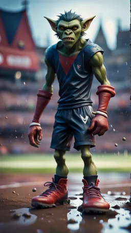 full figure portrait of a giant athlete vampire werewolf goblin gremlin with soccer boots on wet soil in front of spear court, in the style of Gorillaz,bokeh like f/0.8, tilt-shift lens 8k, high detail, smooth render, down-light, unreal engine, prize winning