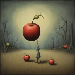 Surreal horror style by Pawel Kuczynski and Joan Miro and Dariusz Klimczak and Zdzislaw Beksinski, phobia of being alone represented by apples, abstract anthropomorphic apple weirdlings, crack in reality, weirdcore, depth of field, unsettling, asymmetric abstractions, surreal masterpiece, uncanny, sharp focus, maximalism, creepy, never before seen, dark oil painting