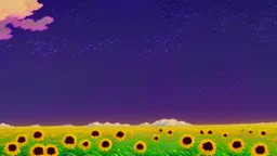 purple sky full of stars, sunflower field, anime, high res, makoto shinkai