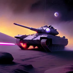 Ralph mcquarrie painting of a Futuristic armored tank rolling over a crater, purple sky, 4k, highly detailed, minutiae, trail, boulders, smoke