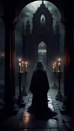 Exit from a gloomy sanctuary, around on the sides there are gloomy figures in black robes, candles, a black sky in the distance, an atmosphere of mystery and horror