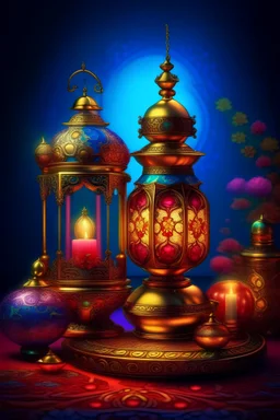 Greeting card, Ramadan, golden decorations, soft colors, Ramadan lantern with Ramadan cannon, beautiful and deep surreal painting, Rococo 3D that highlights its exceptional quality, 8K shot, ultra-realistic digital painting, beautiful portrait, very beautiful portrait in colors red, violet, blue and green, very realistic digital art captured with Hasselblad medium format camera with 100mm lens. An unmistakable cinematic image, daylight