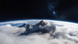 a fog planet's atmosphere is pierced by a single sharp mountain peak. a curved horizon separates the starry space