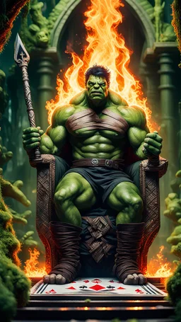 Framed playing card illustration, close-up of Mubarak Saeed Tahir melted old magic flaky slimy alien hulk Avengers Mad Max poses for a photo on the throne, holding a burning scepter, in a massive hulk with stairs and bridges woven into a sacred temple geometric woven fabric in the middle of a lush magical forest, Bokeh like f/0.8, 8K tilt lens, high detail, smooth rendering, downlight, Unreal Engine, award-winning