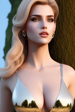 full body long shot of roman, realistic face, accurate and detailed facial features, symmetric eyes, big lips,(purple lips), pale skin, ample cleavage, tube top ,standing in river side next a old tree.