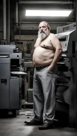 full figure shot photography of an italian strong massive big chubby 50 year old man in opened gray trousers, manly chest,, short beard, shirtless, printer in an old printing house, next to a huge old printer, dim light, side light, ambient occlusion