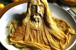 jesus made of spaguetti on an italian restaurant plate