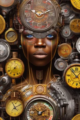 african portrait in rusted clocks, clock face, rust, scaffolding, ghana colours, cyberpunk, high detail