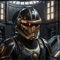 star wars bald male corellian pilot wearing pearlescent black and gunmetal grey First Order special forces heavy assault stealth commando armor and helmet with gold trim inside the jedi temple, hyperdetailed, dynamic lighting, hyperdetailed background, 8k resolution, volumetric lighting, light skin, fully symmetric details