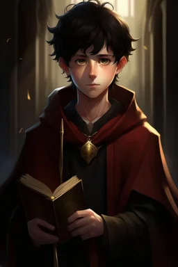 young, intelligent, short-haired, black-haired, serious, curious, uniform, cloak, pendant, right-hand, magic-book, left-hand, magic-wand, bright-eyes, serious-expression, ancient-book, simple-wand, academy, freshman, intellectual, honest, magic-academy, unknown, exploration, youth, vitality, hope, courage, determination, learning, growth, adventure, challenge, passion, effort, trust, friendship, guidance, inheritance, tradition, studio, natural-light, softbox, backlight, reflector, diffuser, spo