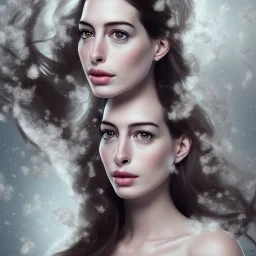 portrait only a wonderfull Anne Hathaway, viking fantasy, big curves, voluminous long black hair, snow flakes particles, 55 mm