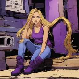 A girl with a purple gold hue around them with small bits of purple gold on their skin. They have long, dirty blonde hair and wear a tank-top with a jacket around their waist and jeans. They wear boots and have violate eyes.