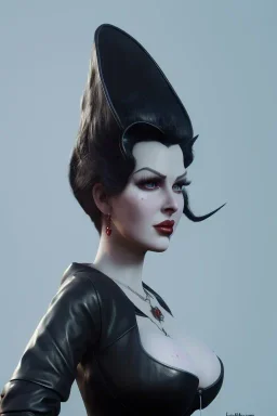 Lana Turner as evil queen in black leather, leather, busty, cleavage, angry, stern look. character design by cory loftis, fenghua zhong, ryohei hase, ismail inceoglu and ruan jia. unreal engine 5, artistic lighting, highly detailed, photorealistic, fantasy