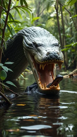 A giant Anaconda snake in the Amazon jungle swallowing a crocodile her mouth ,
