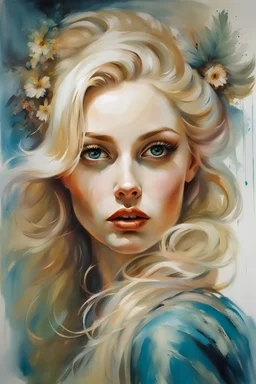 Blonde Thin very curvy Scandinavian Woman 30yo, Big Eyes, Long Eyelashes, Eyeshadow extreme detail face closeup, by Gil Elvgren and Alex Ross and Carne Griffiths, detailed painting with dramatic shading