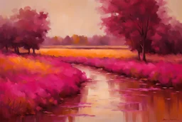 impressionism landscape in magenta, and brown color.