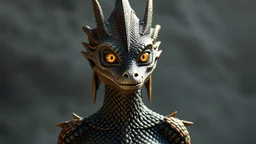 Female Argonian humanoid big golden eyes human lops golden-red-black scales realistic hoding a spire