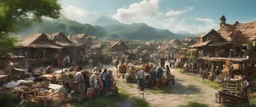 a pro-quality photo of a busy outdoor village market, with a beautiful outdoor countryside summer scene with distant hills & fields, intricate dwellings, many pathways & stairways, streams, waterfalls, waterwheel, & a beautiful sky : very high detail, epic cinematic, 8K, Large depth of field