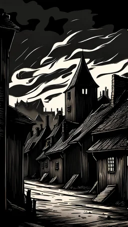 noir, atmospheric, shadows, cinematic, Black and white drawing, Fire in medieval village, wooden houses on fire, a view from afar, somber tones, high quality, suspenseful, menacing.