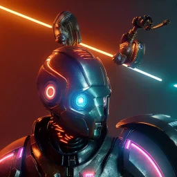 Blonde cyber woman, sci-fi, rounded face, black, gold, brown, samurai helmet, retro, simetric, circuits, neon style, a lot of led lights, fog, rain, leather, vibrant color, highly detailed, art stations, concept art, smooth, unreal engine 5, god rays, ray tracing, RTX, lumen lighting, ultra detail, volumetric lighting, 3d, finely drawn, high definition, high resolution.