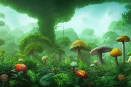 jungle on an alien planet with massive flowers, fruits and mushrooms, wideangle view, volumetric lighting, volumetric clouds, small minutiae, tiny features, particulars, precise pencil outlines, sharp lines, cinematic art by jessada sutthi