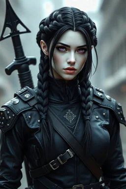 Female fallen aasimar ranger. White skin, purple eyes, black hair in box braids. Wearing black studded leather.