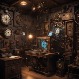 The room contains an ancient steampunk computer with a glowing screen displaying a silhouette of a cat decorated in steampunk style. The room is filled with various steampunk elements such as cogwheel clocks, vintage contraptions, aged wood, polished metal, and brass mechanical devices. The room is dramatically dimly lit by gas lamps, and there are old mysterious documents and blueprints on the desk and floor. There is colored stained glass window on the background with night lights behind it
