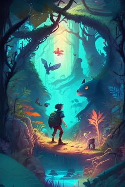 Design a captivating scene featuring Pelter exploring a mystical forest, surrounded by vibrant vegetation and curious creatures. Show his connection with nature and the magical elements of his abilities.