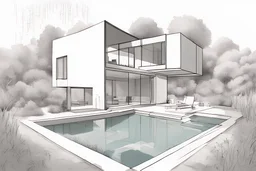 Erstelle mir eine Handzeichnung vom einem kubischen und modernen Haus mit Garten und Pool.