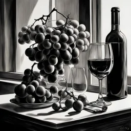 Create a highly detailed and photorealistic pencil sketch featuring a wine glass, bootle, and a bunch of grapes on a table. The sketch should concentrate on the intricate details and textures, using precise and delicate lines. Emphasize the transparency and shine of the glass and the natural appearance of the grapes. The drawing should exhibit strong contrasts between light and shadow to add depth, capturing the reflective qualities of the glass and the subtle textures on the grapes' surface